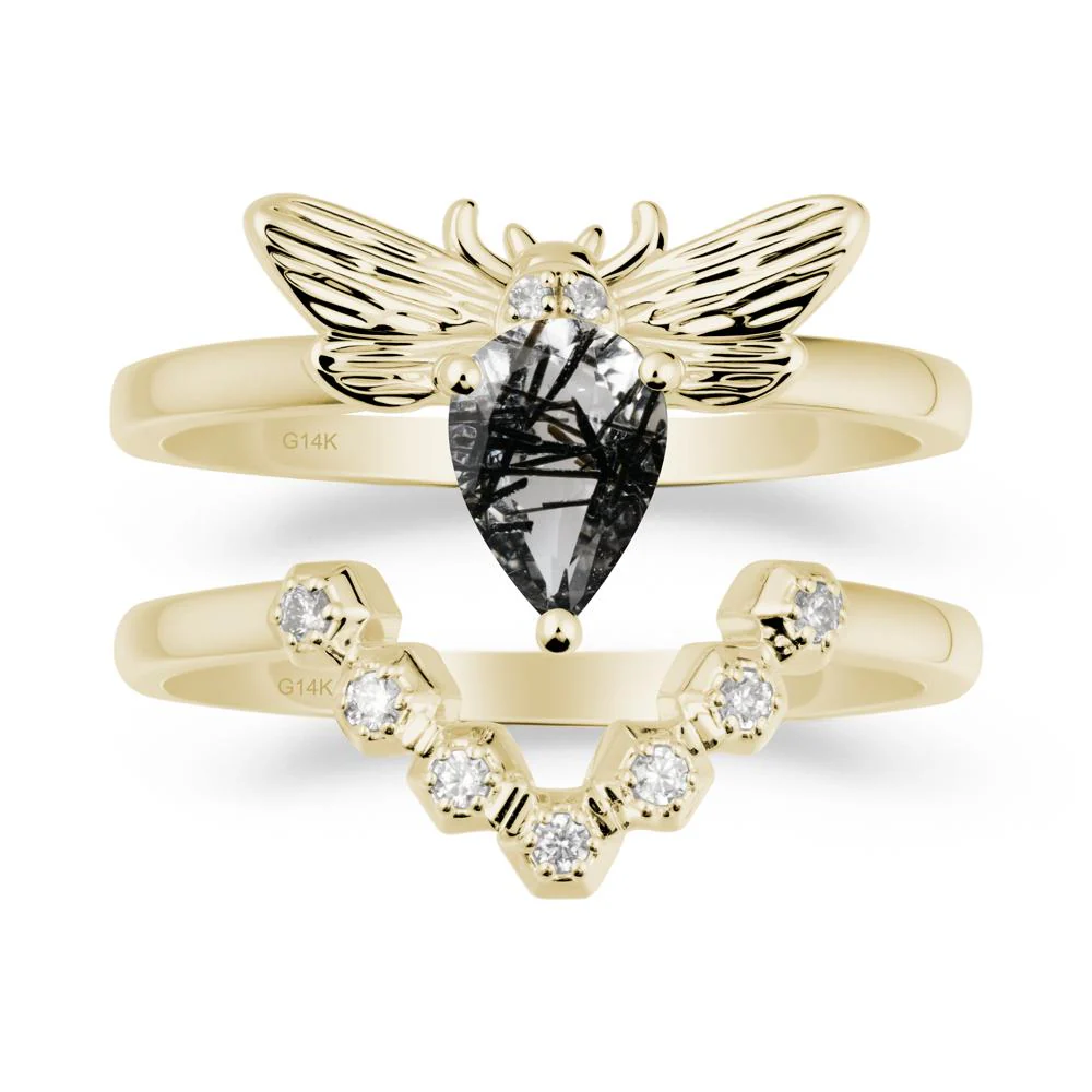 Pear Shapped Black Rutilated Quartz Bee Ring Set - Image 3