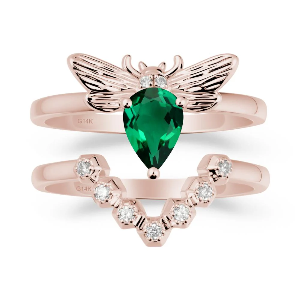 Pear Shapped Emerald Bee Ring Set