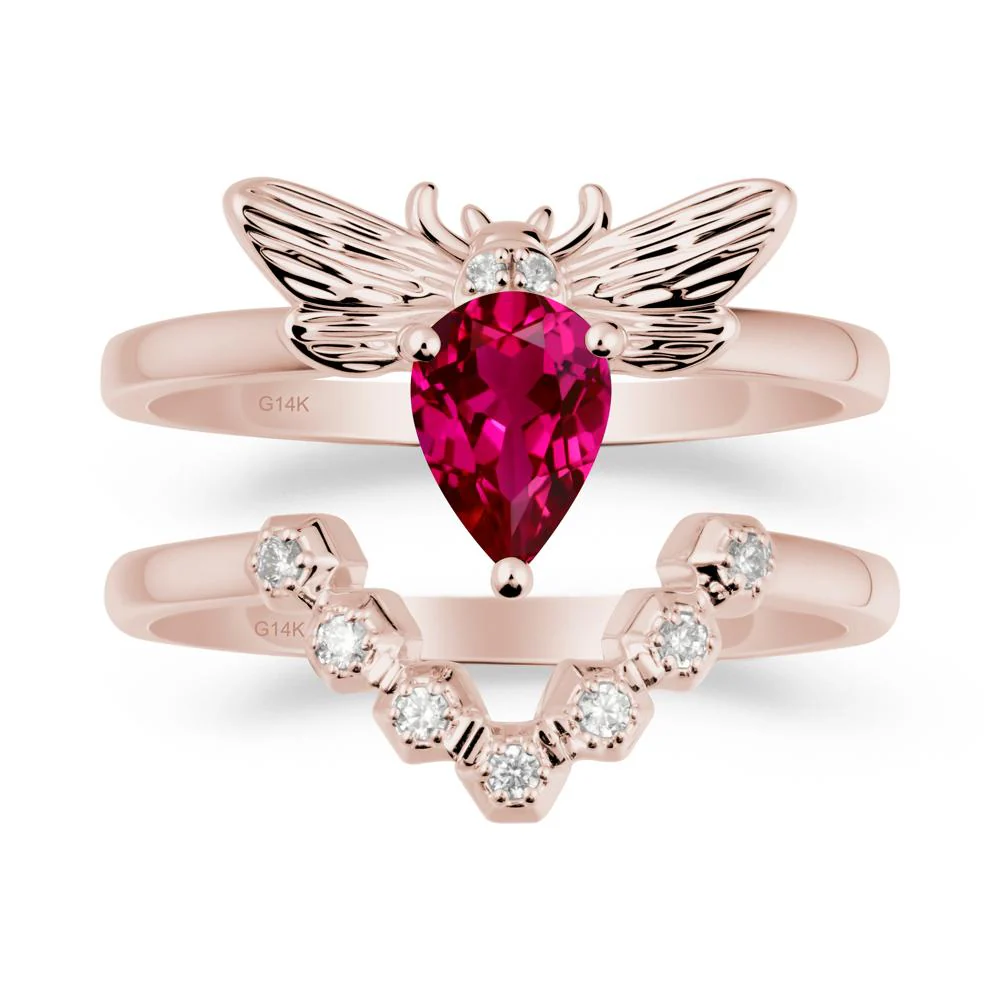 Pear Shapped Ruby Bee Ring Set
