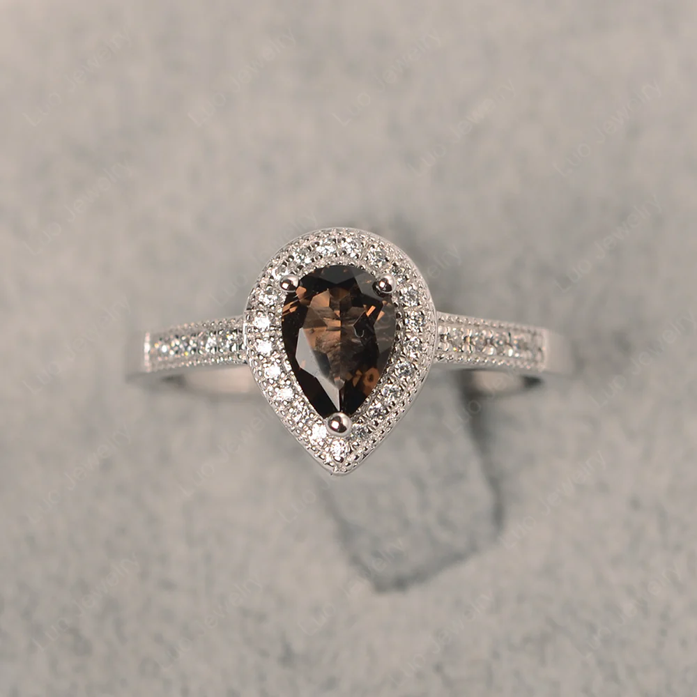 Pear Shaped Smoky Quartz Milgrain Halo Ring