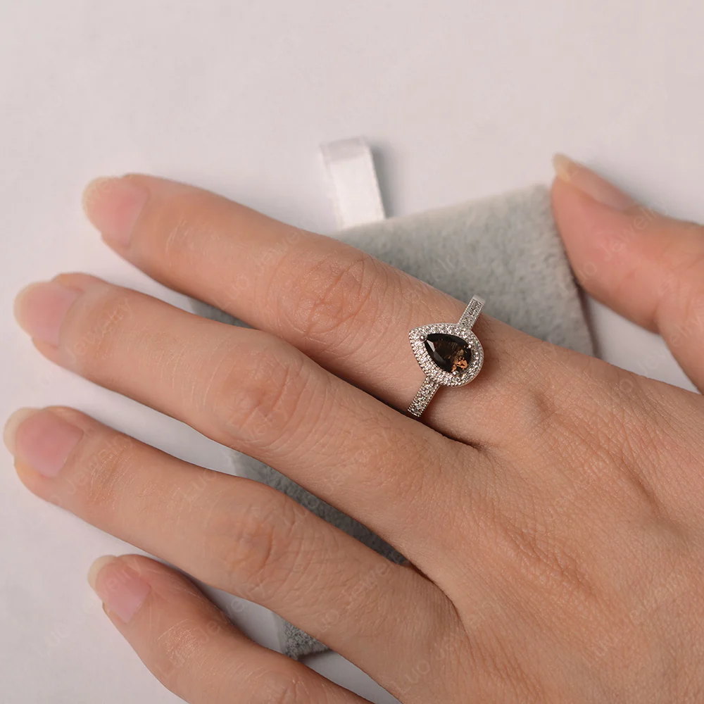 Pear Shaped Smoky Quartz Milgrain Halo Ring - Image 3