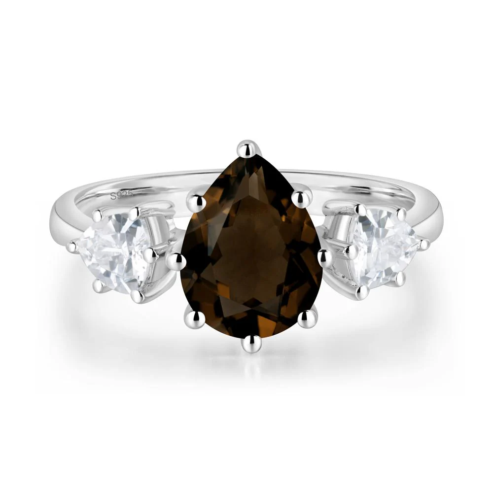Pear Smoky Quartz Ring with Trillion Side Stone
