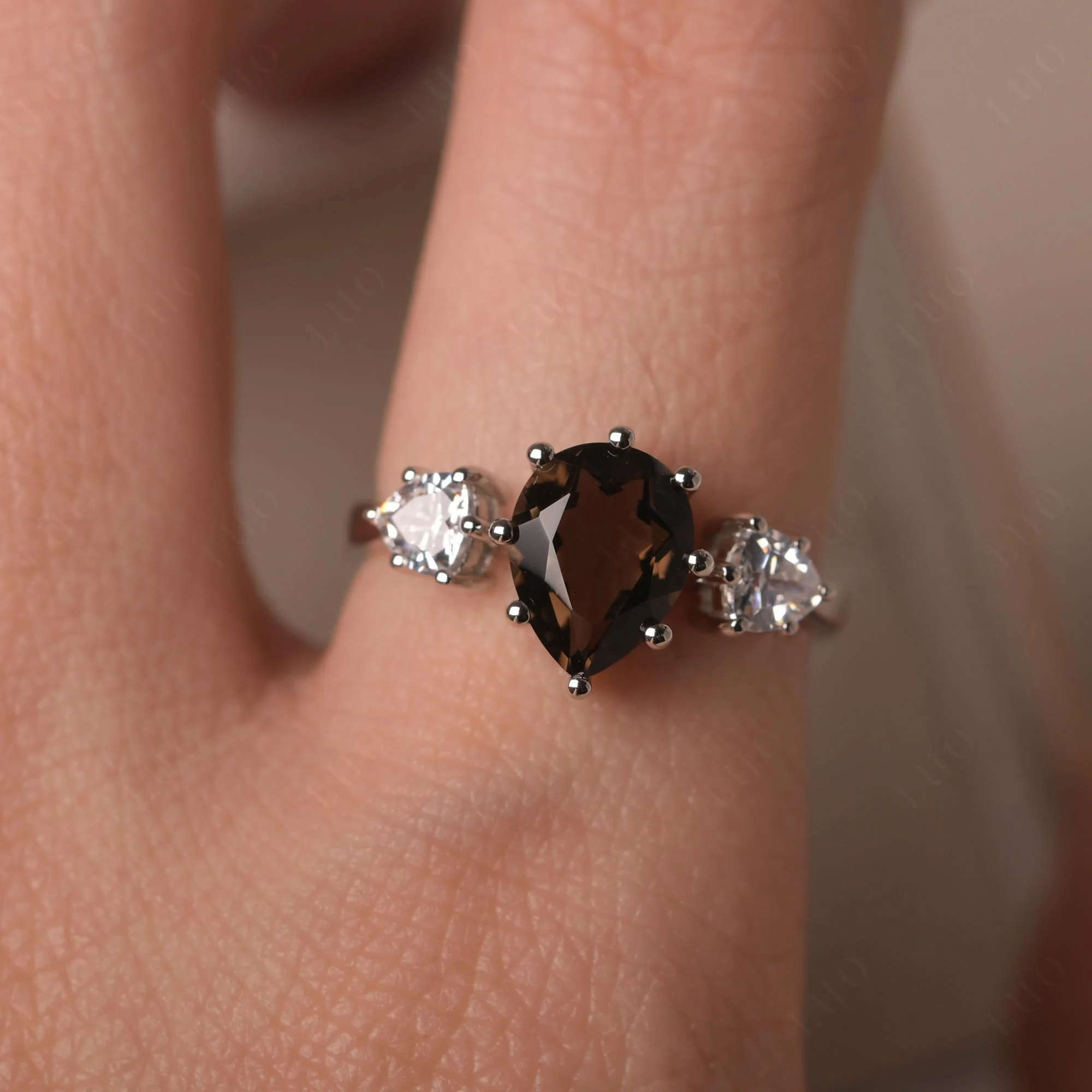 Pear Smoky Quartz Ring with Trillion Side Stone - Image 33
