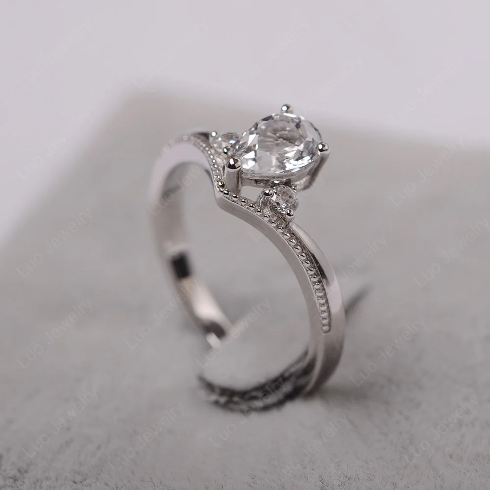 Pear Shaped White Topaz Chevron Ring - Image 2