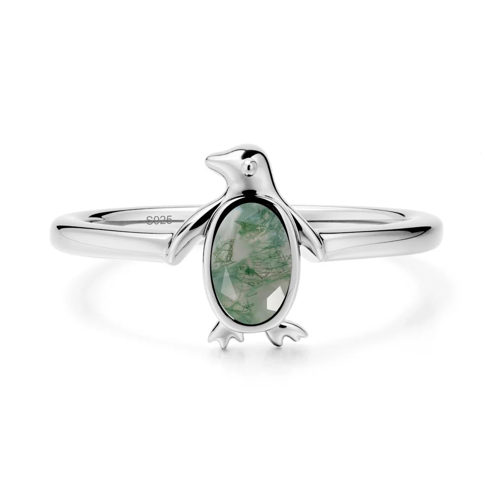 Penguin Inspired Bezel Setting Moss Agate Ring