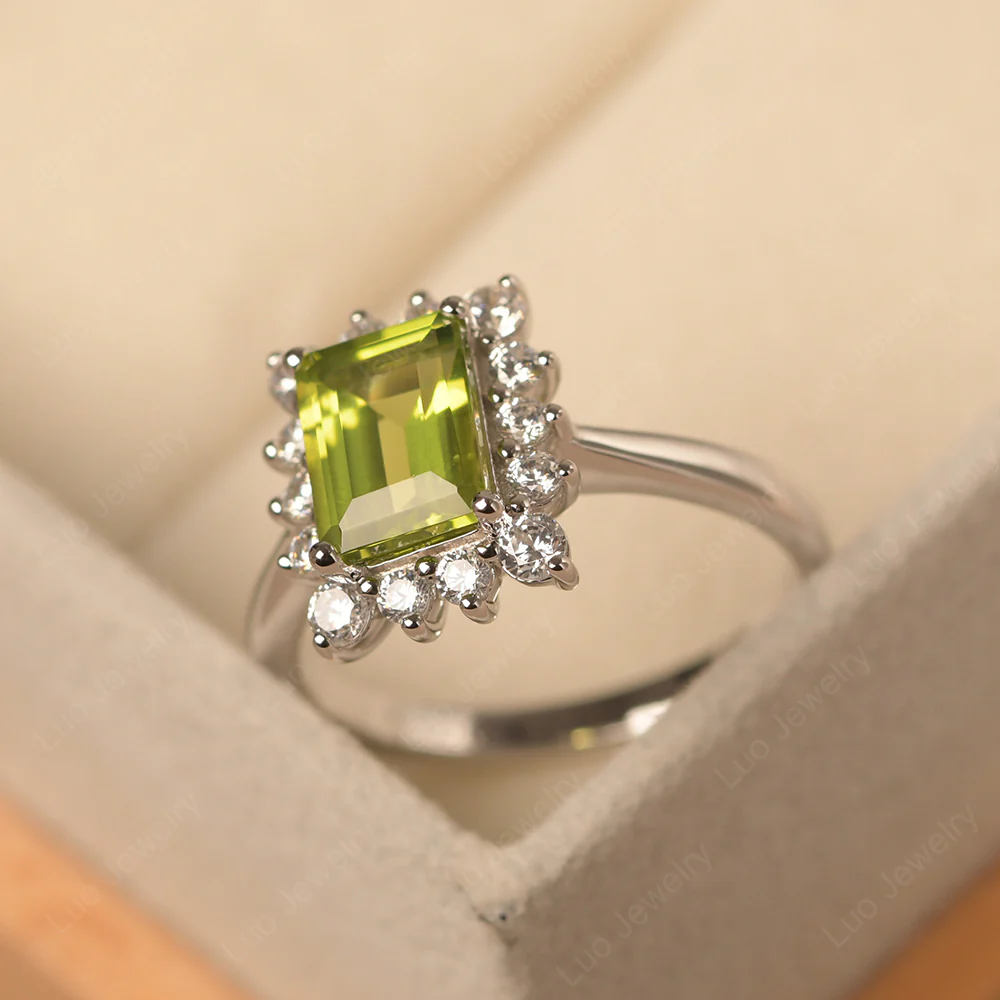 Peridot Emerald Cut Halo Engagement Ring - Image 2