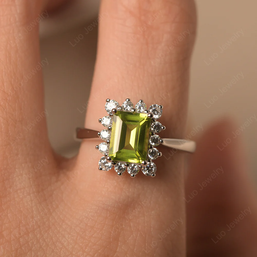Peridot Emerald Cut Halo Engagement Ring - Image 5