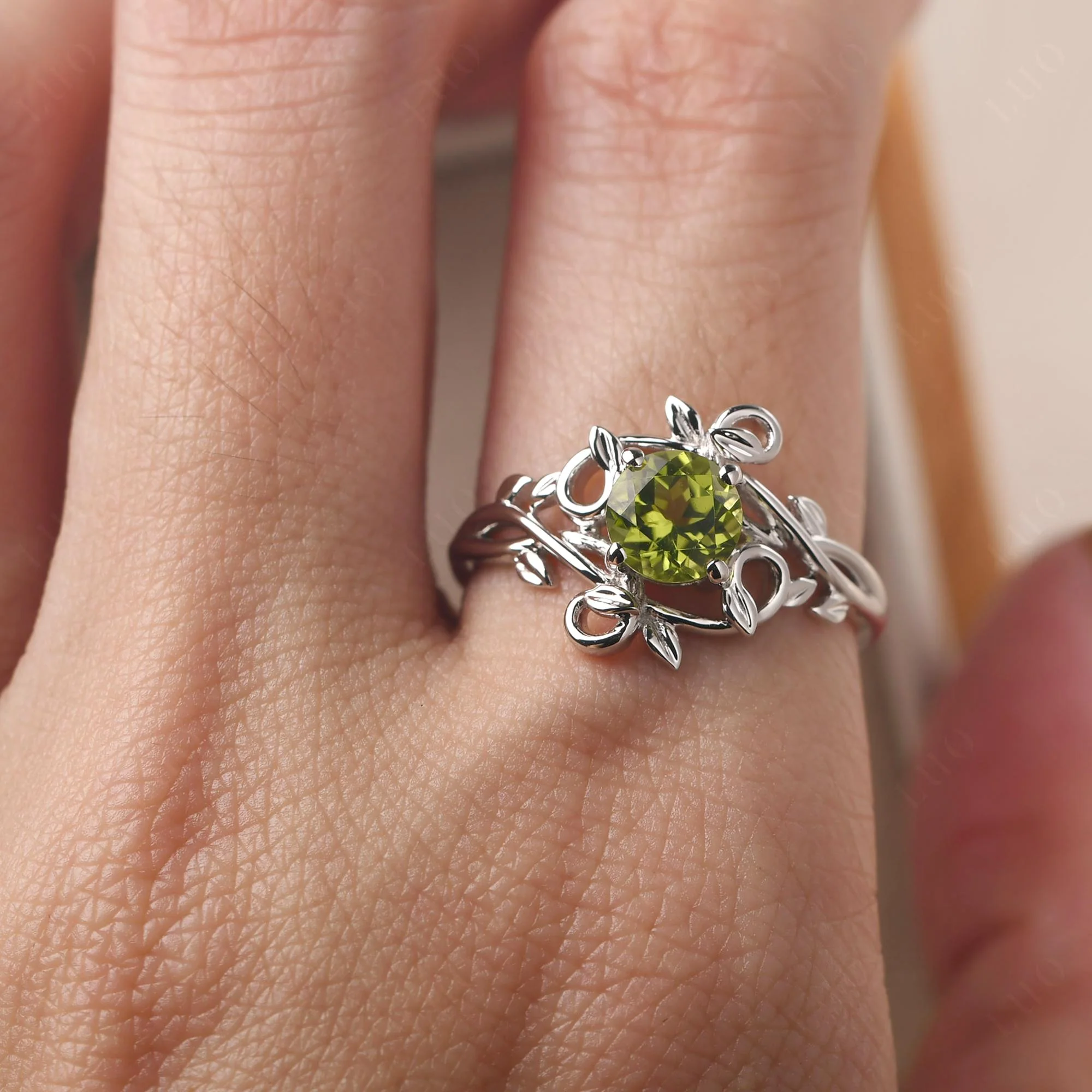 Peridot Leaf and Vine Engagement Ring - Image 14