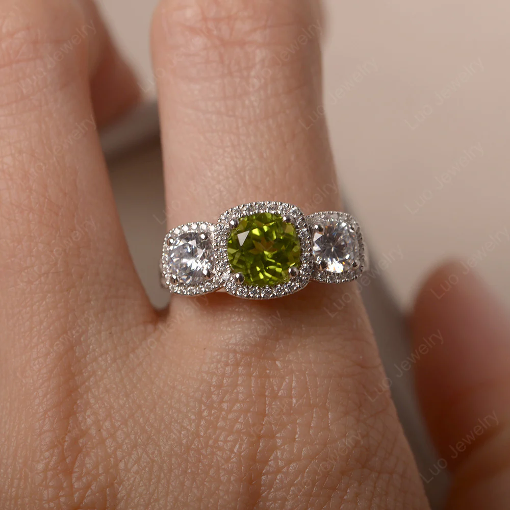 Peridot 3 Stone Halo Ring - Image 5