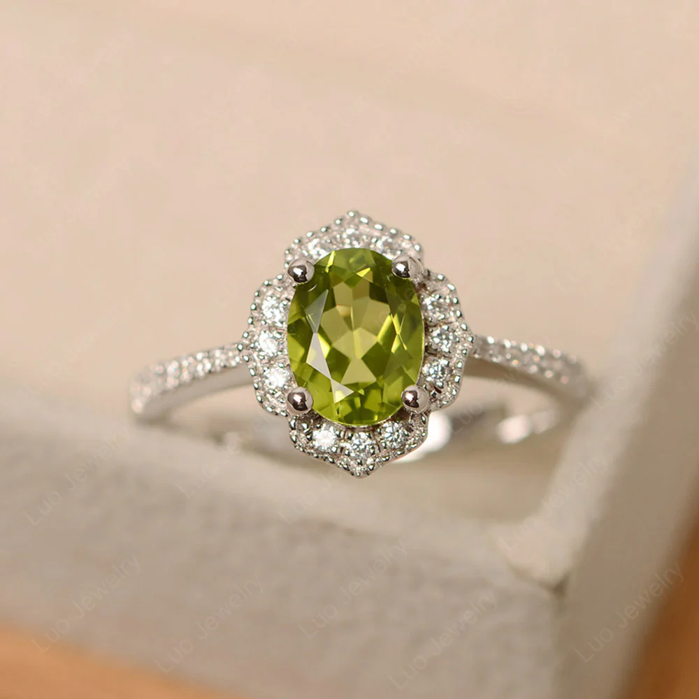 Milgrain Halo Peridot Engagement Ring
