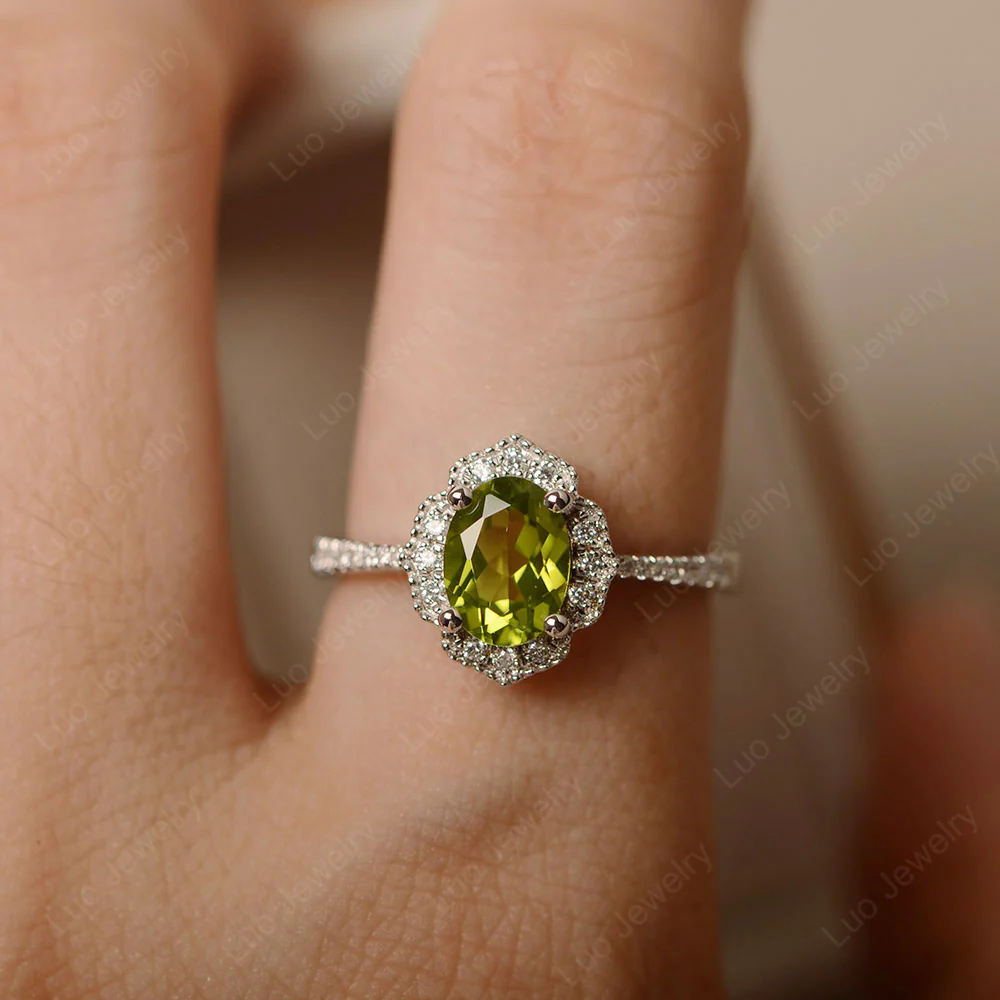 Milgrain Halo Peridot Engagement Ring - Image 5
