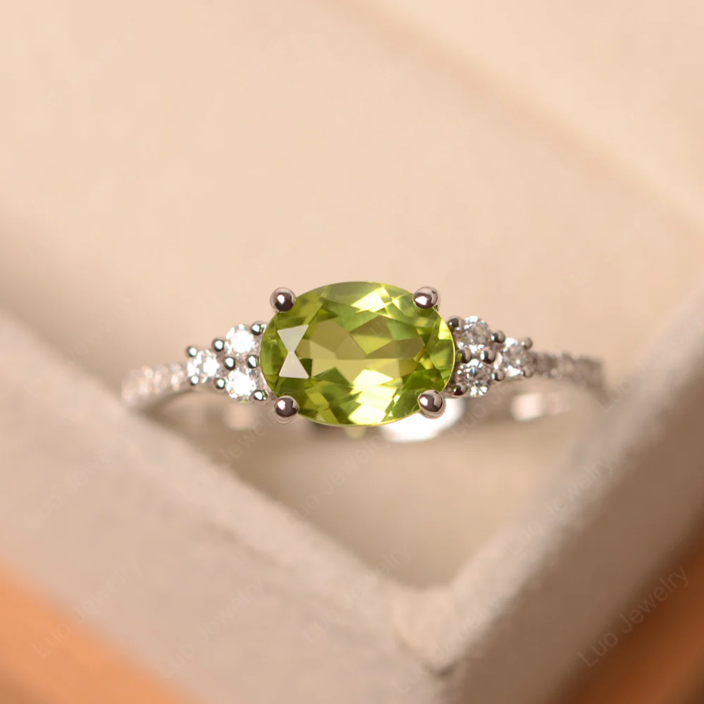 Horizontal Oval Cut Peridot Engagement Ring