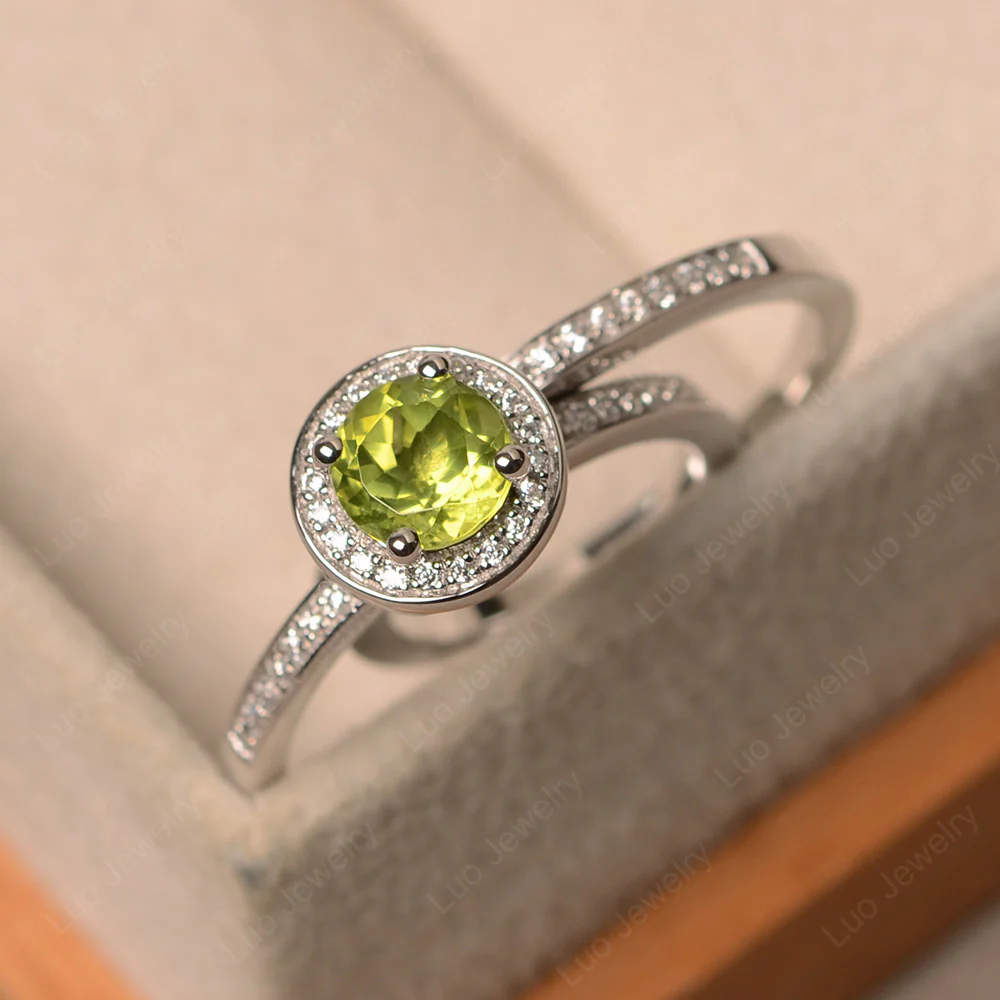 Round Cut Peridot Halo Bridal Set Ring