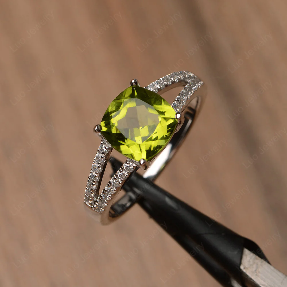 Cushion Cut Peridot Split Shank Ring