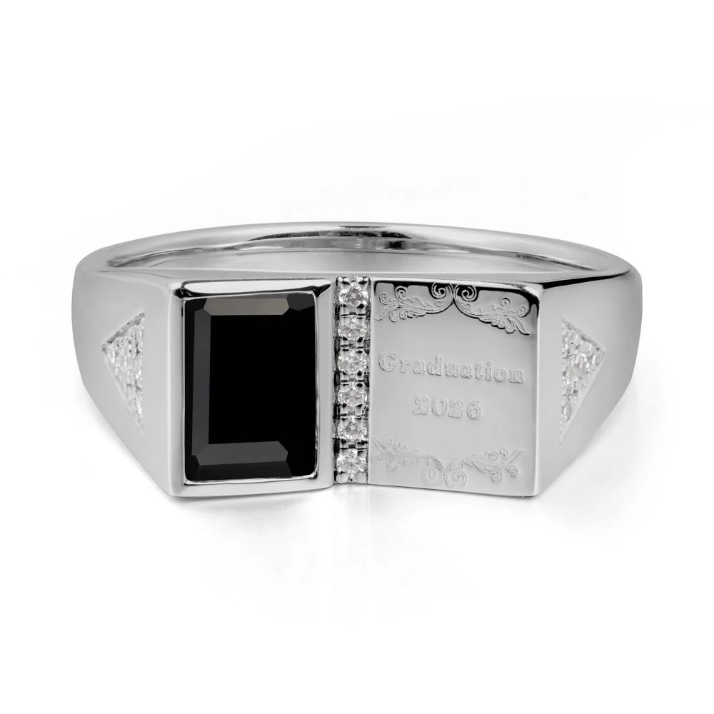 Personalized Emerald-Cut Black Spinel Bezel Ring
