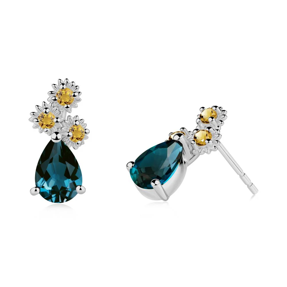 Petals of Promise Sunflower London Blue Topaz and Citrine Earrings