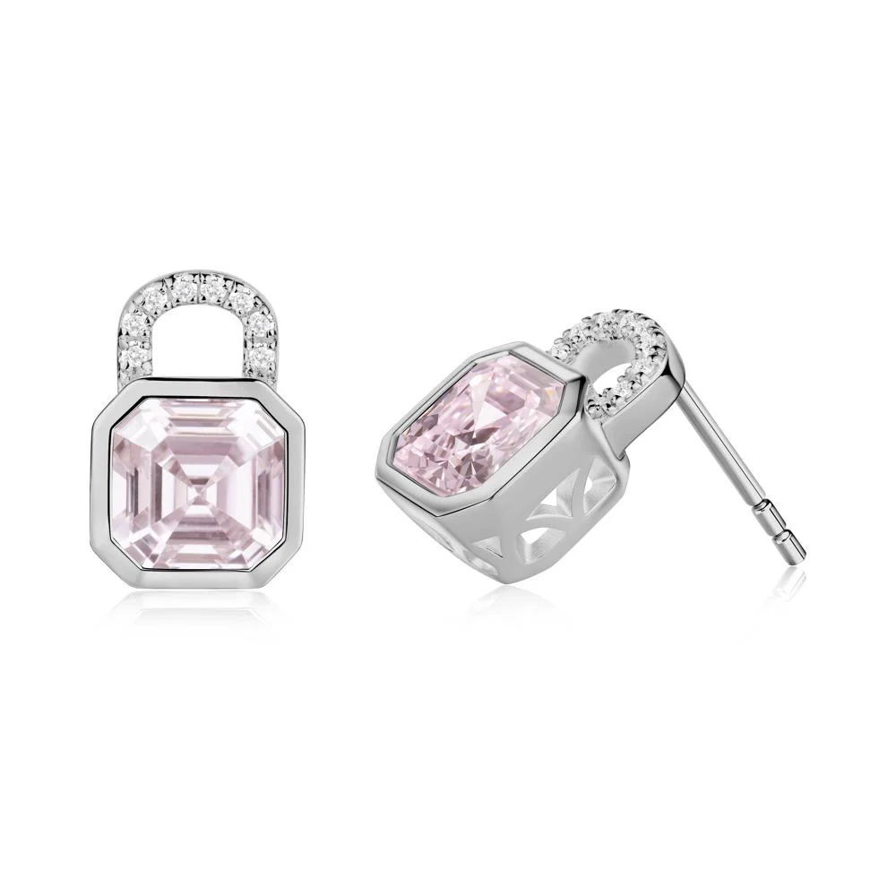 Pink Cubic Zirconia Lock Stud Earrings - Image 4