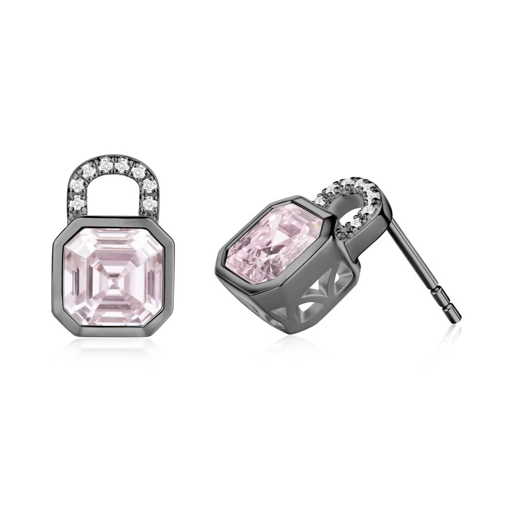 Pink Cubic Zirconia Lock Stud Earrings - Image 7