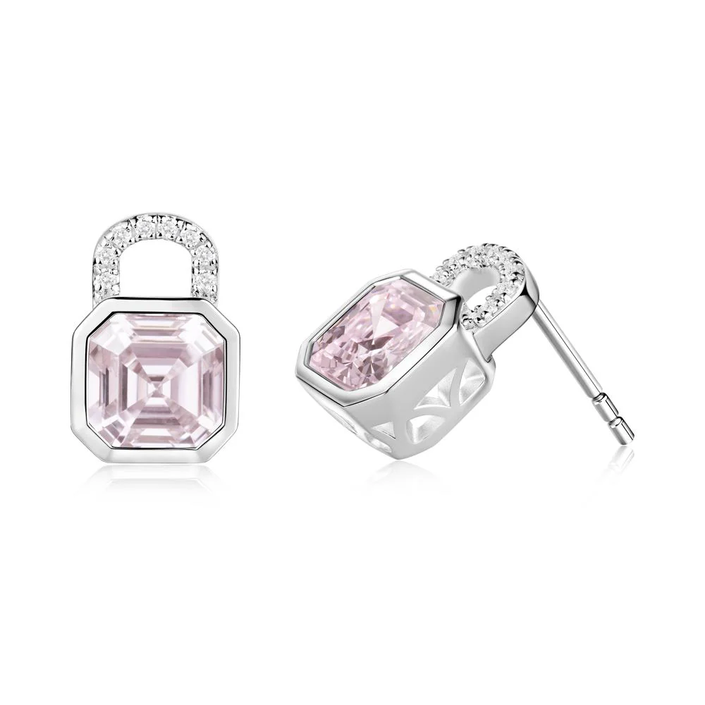 Pink Cubic Zirconia Lock Stud Earrings - Image 9
