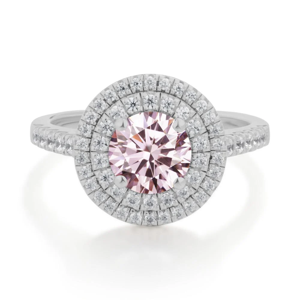 Pink Cubic Zirconia Ring Double Halo