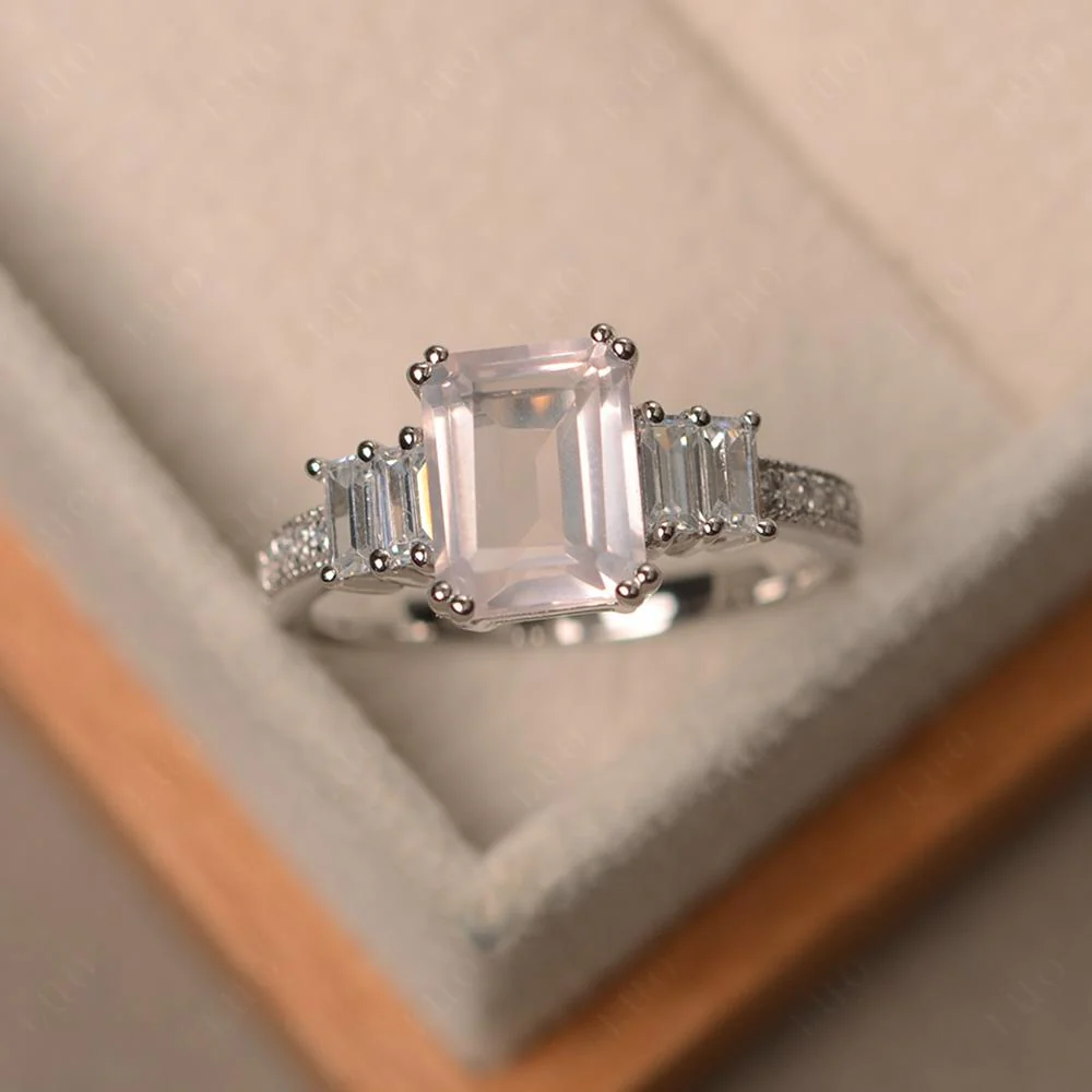 Double Prong Emerald Cut Rose Quartz Ring - Image 29