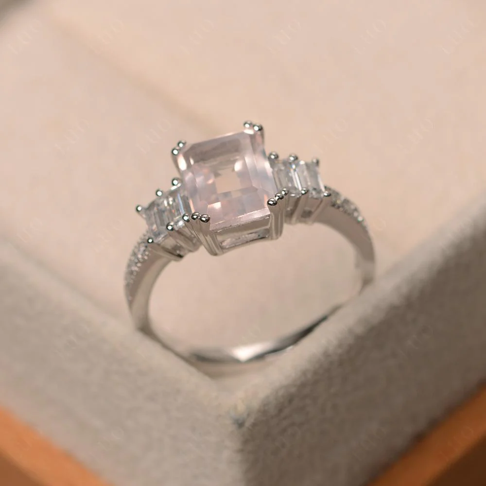 Double Prong Emerald Cut Rose Quartz Ring - Image 30