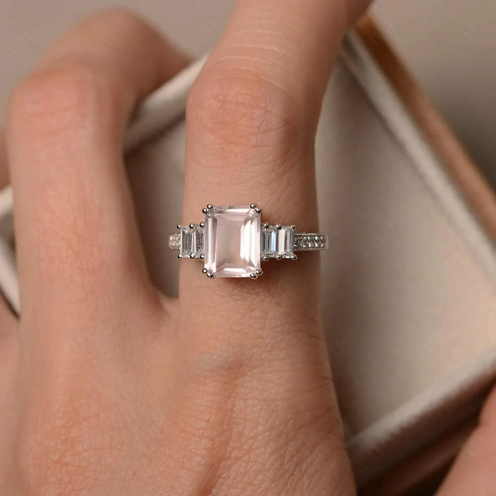 Double Prong Emerald Cut Rose Quartz Ring - Image 32