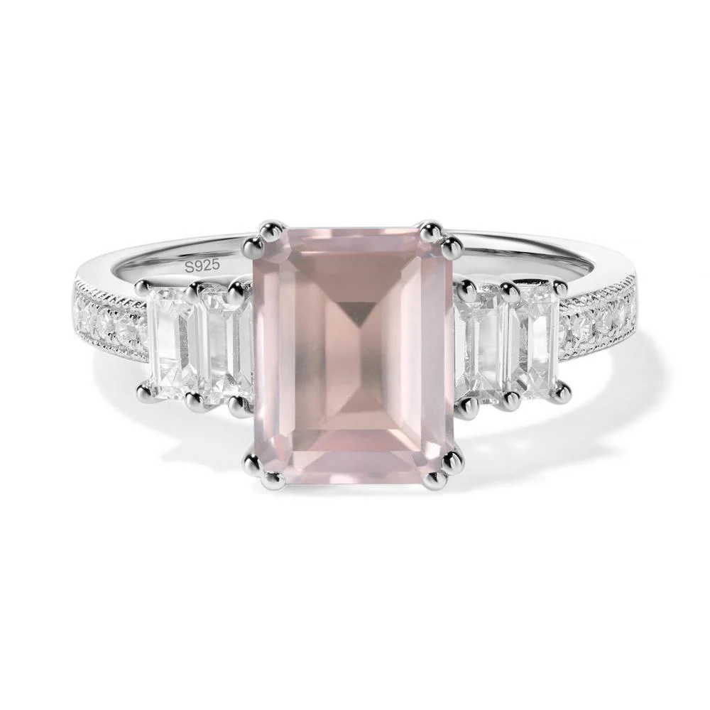 Double Prong Emerald Cut Rose Quartz Ring - Image 7