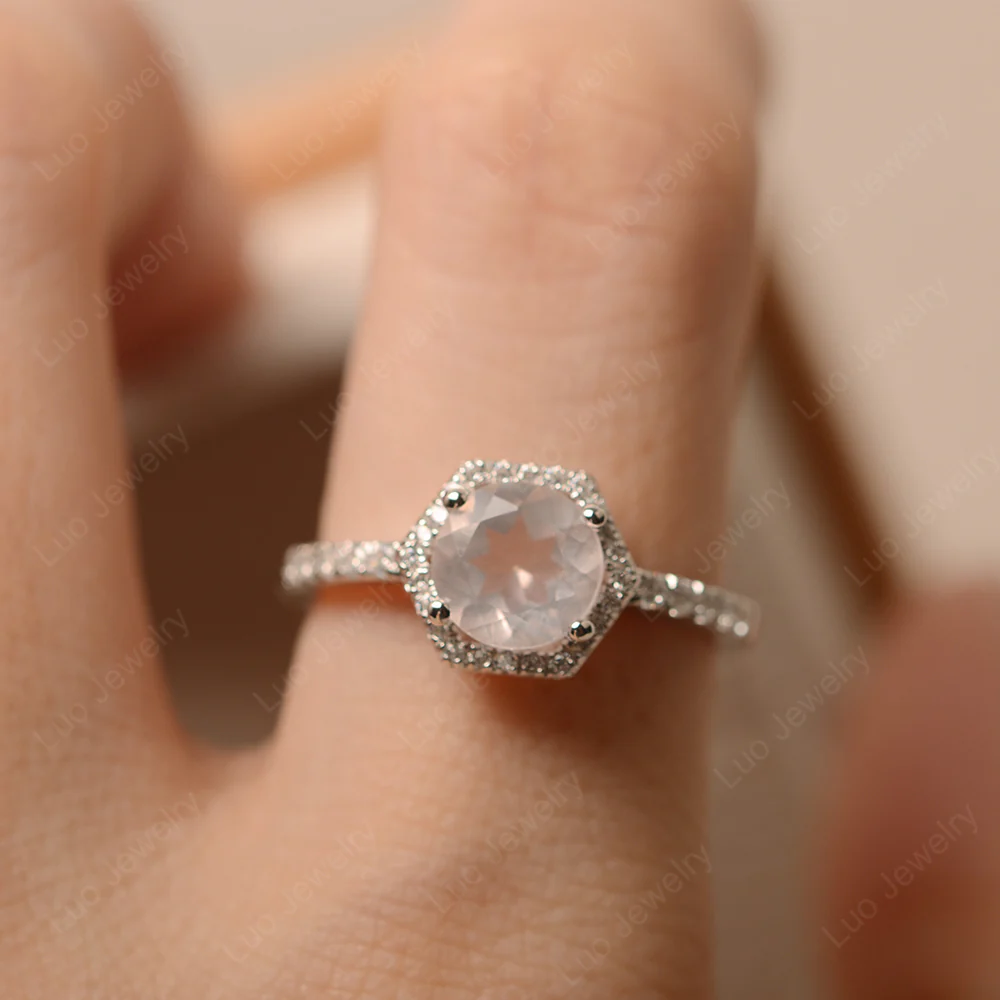 Rose Quartz Hexagon Halo Engagement Ring - Image 6
