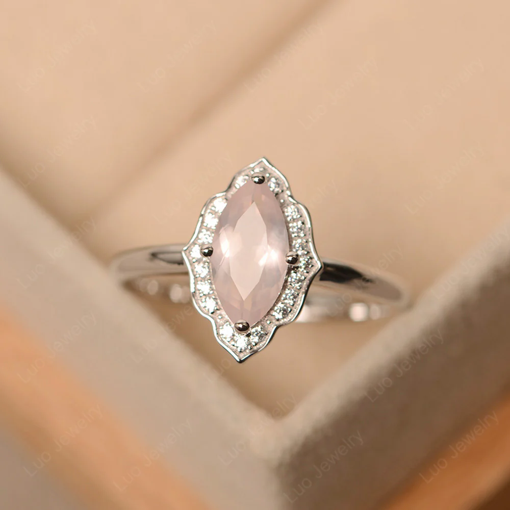 Marquise Cut Rose Quartz Halo Engagement Ring - Image 3
