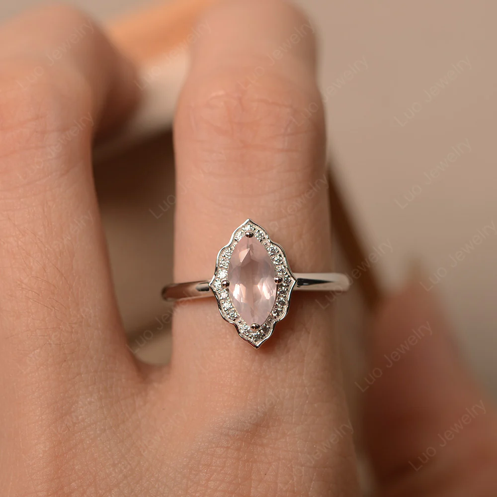 Marquise Cut Rose Quartz Halo Engagement Ring - Image 6