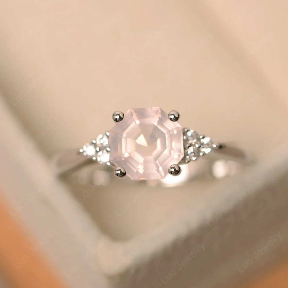 Octagon Cut Rose Quartz Engagement Ring