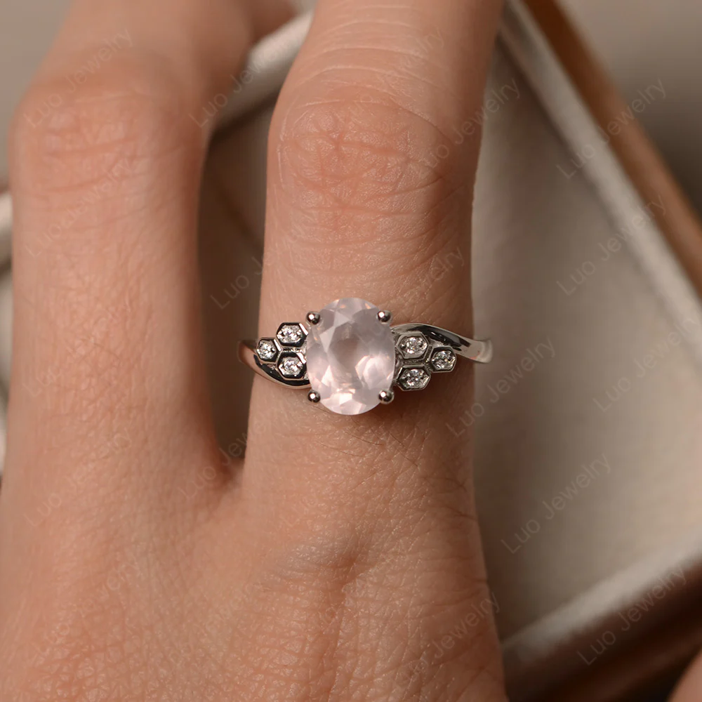 Oval Cut Rose Quartz Honeycomb Ring - Image 4