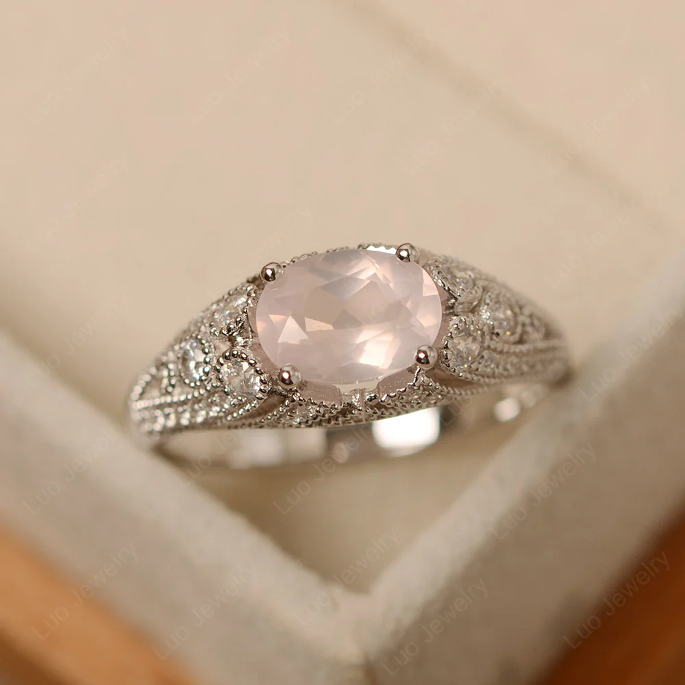 Vintage Horizontal Oval Cut Rose Quartz Ring - Image 2