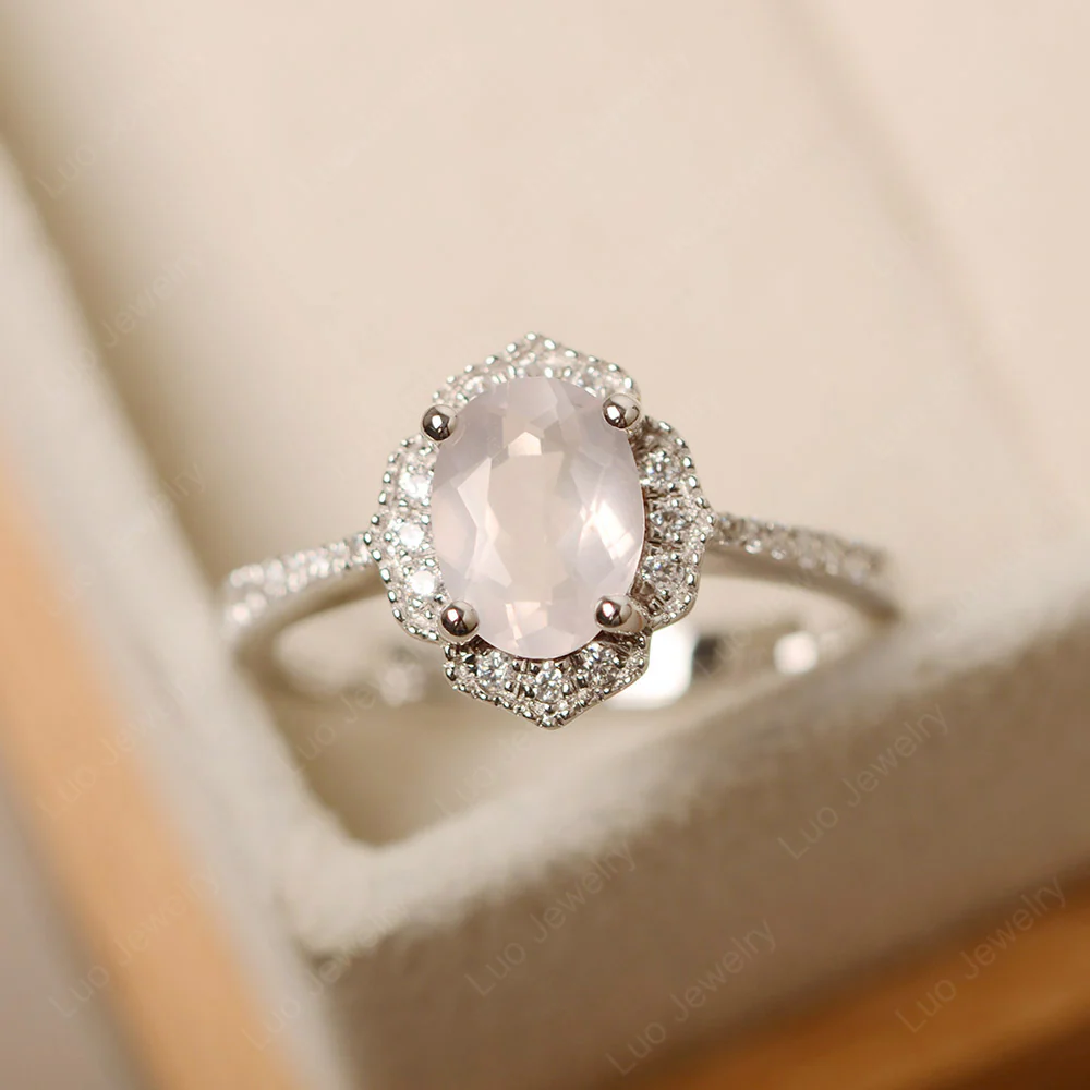 Milgrain Halo Rose Quartz Engagement Ring