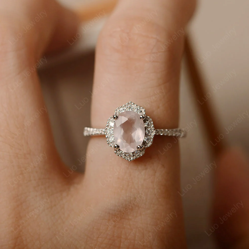 Milgrain Halo Rose Quartz Engagement Ring - Image 5
