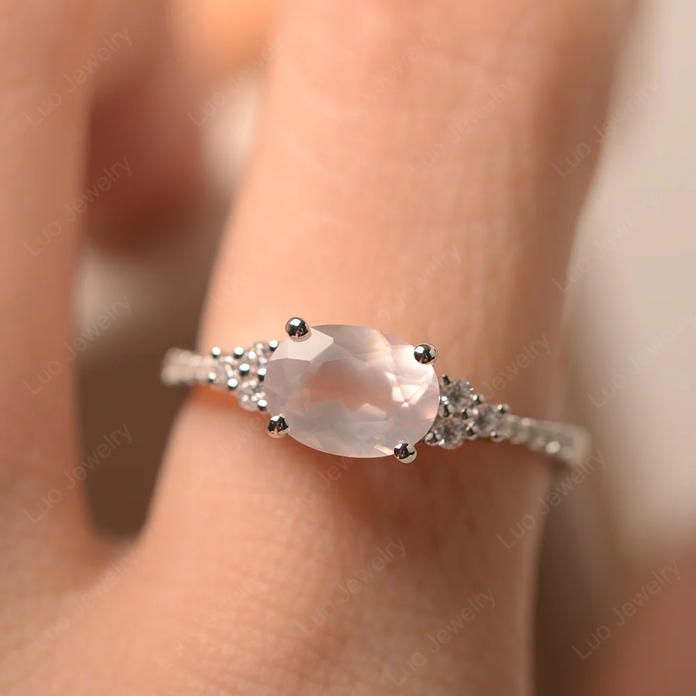 Horizontal Oval Cut Rose Quartz Engagement Ring - Image 5