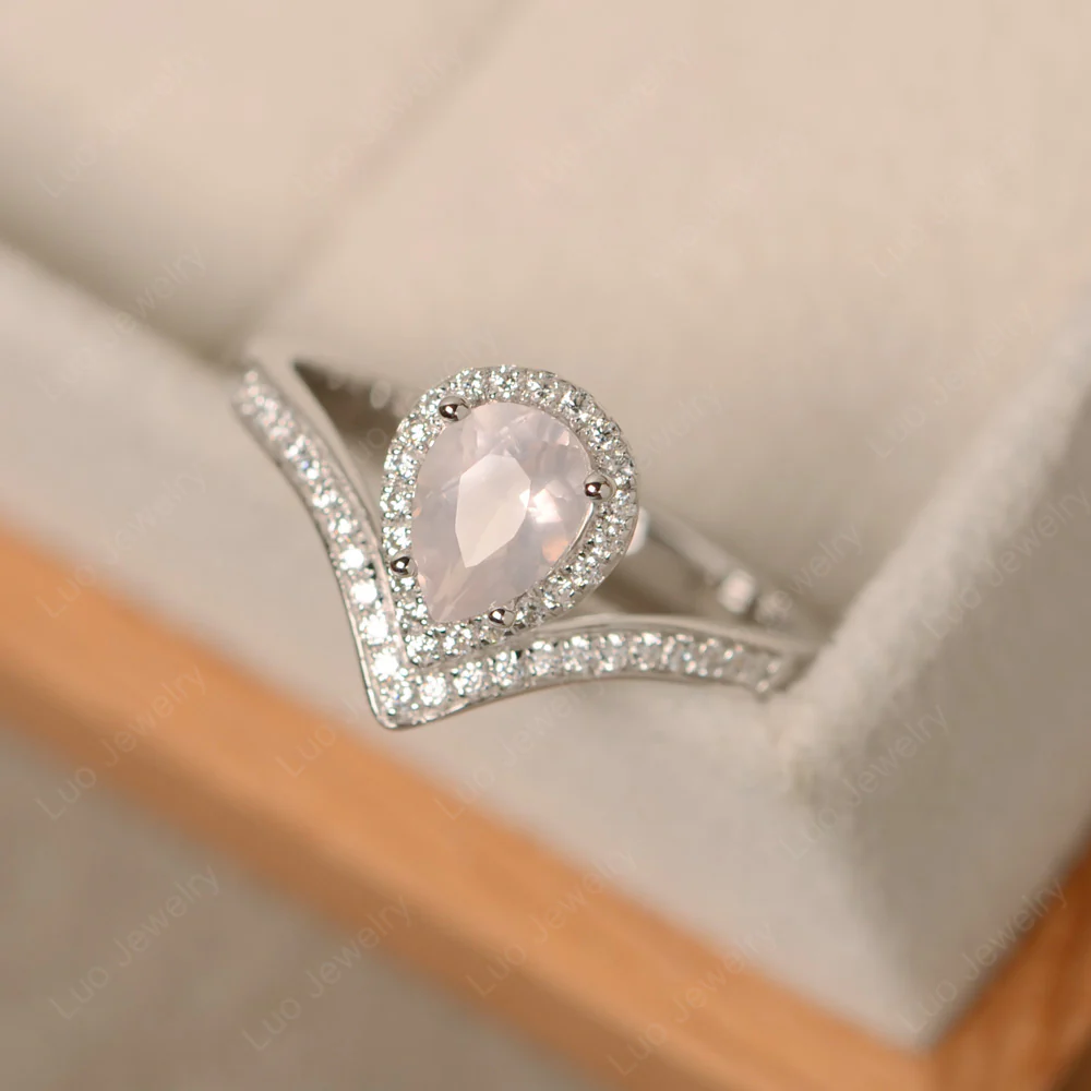 Teardrop Shaped Rose Quartz Chevron Ring