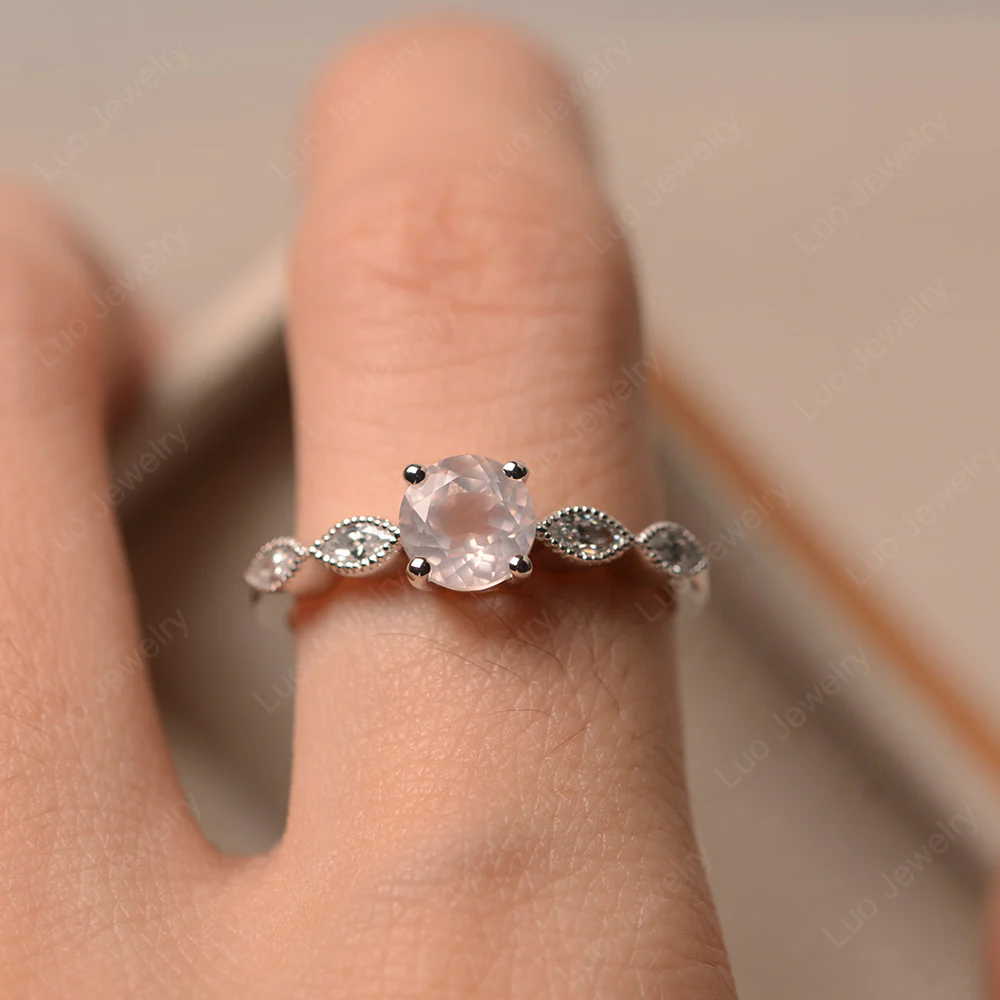 Rose Quartz Milgrain Vintage Inspired Ring - Image 4