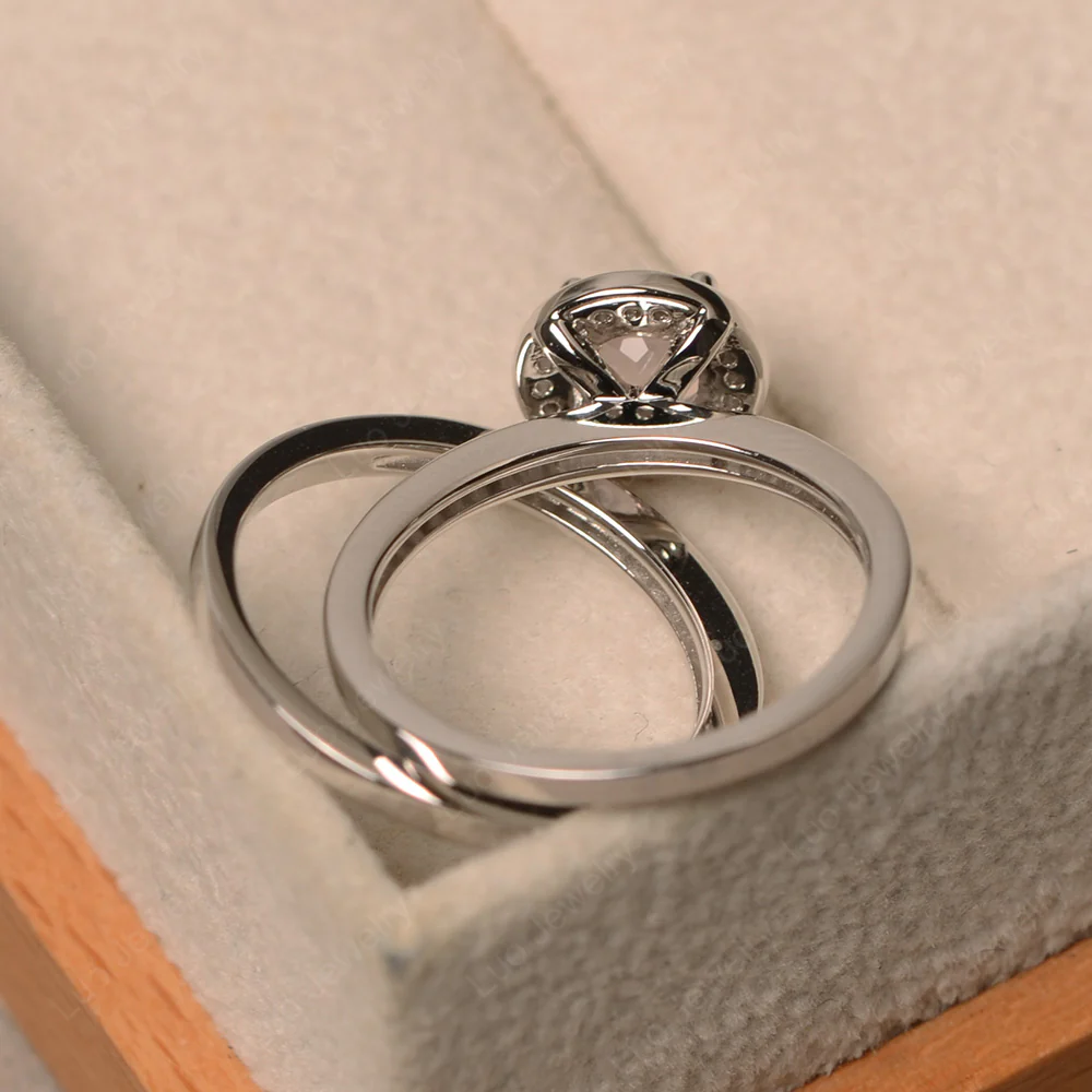 Round Cut Rose Quartz Halo Bridal Set Ring - Image 3