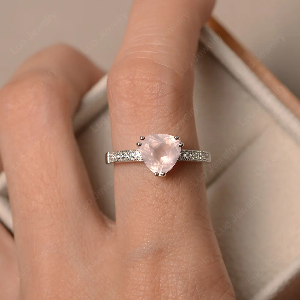Trillion Cut Rose Quartz Double Prong Ring - Image 4