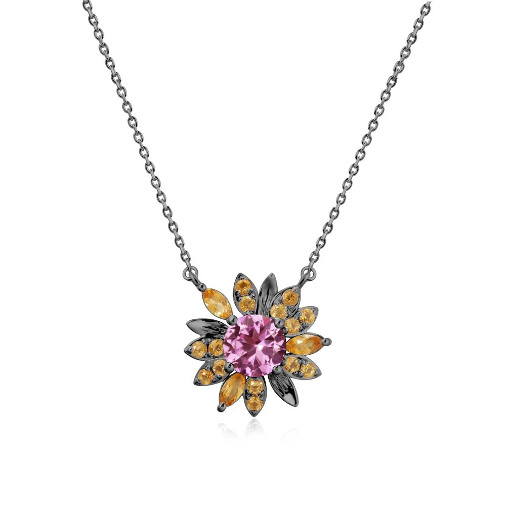 Pink Sapphire and Citrine Sunflower Pendant Necklace
