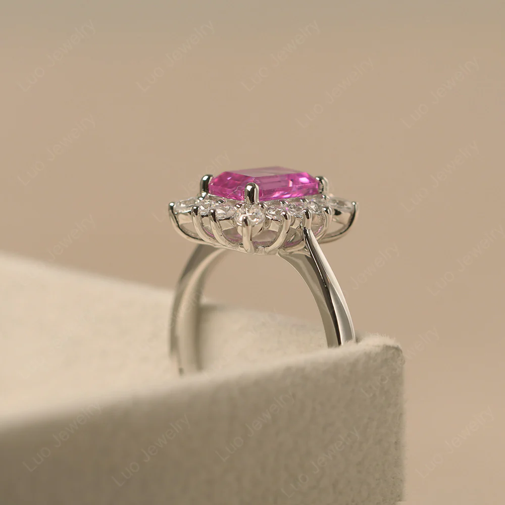 Emerald Cut Pink Sapphire Halo Luxury Ring - Image 4