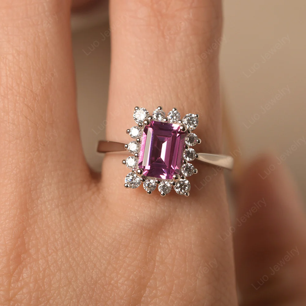 Emerald Cut Pink Sapphire Halo Luxury Ring - Image 5
