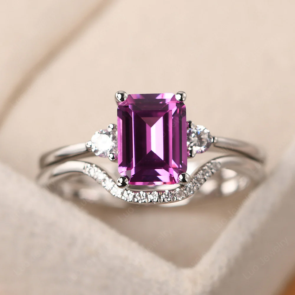 Pink Sapphire Emerald Cut Ring with Band