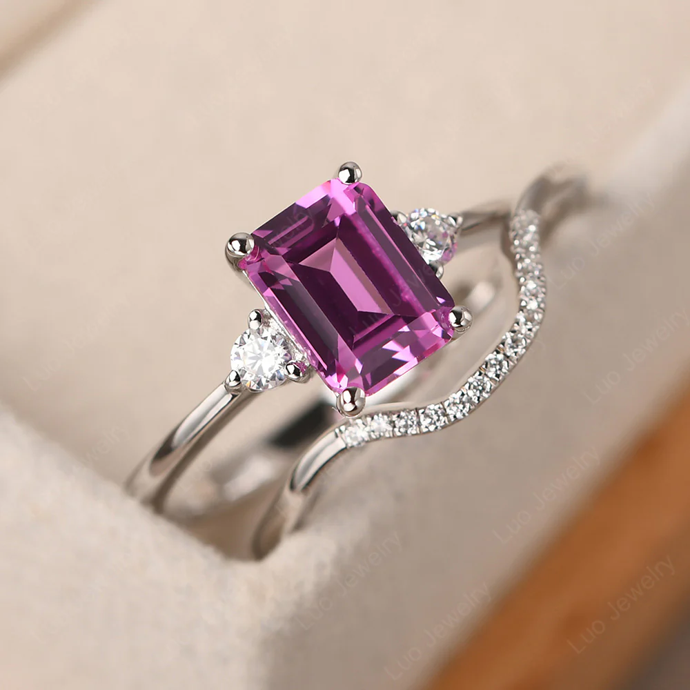 Pink Sapphire Emerald Cut Ring with Band - Image 3
