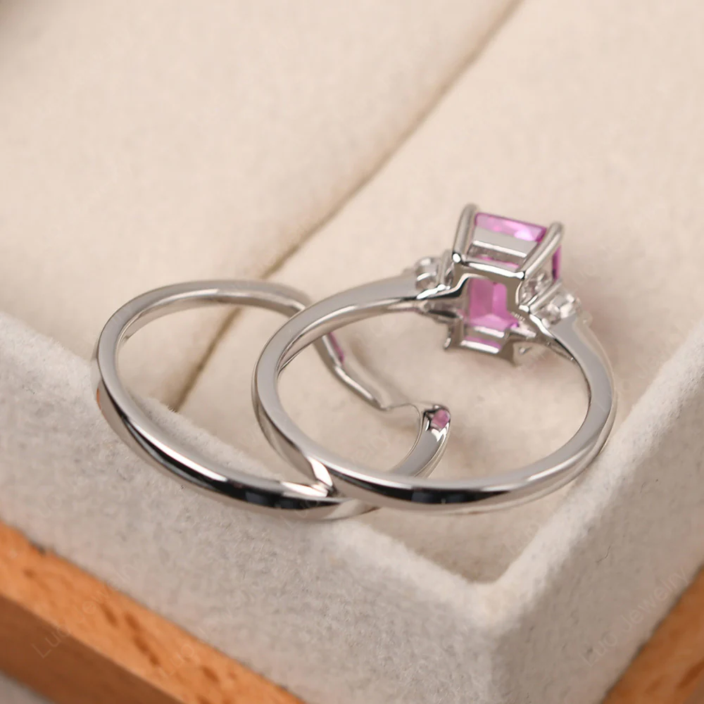 Pink Sapphire Emerald Cut Ring with Band - Image 5