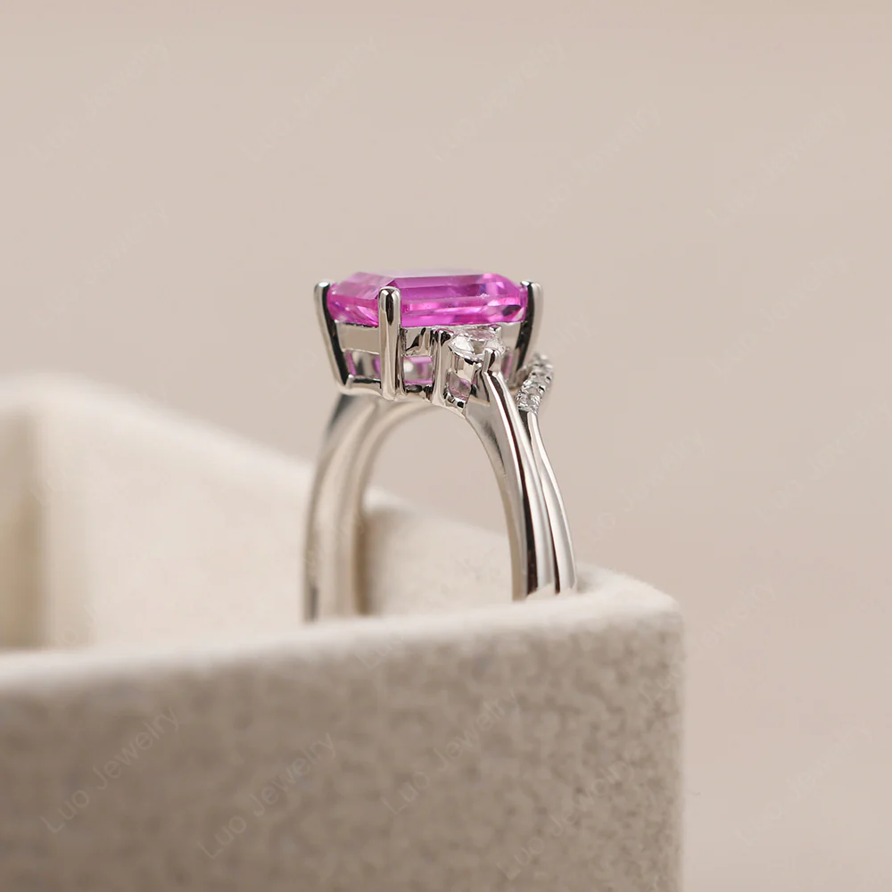 Pink Sapphire Emerald Cut Ring with Band - Image 6