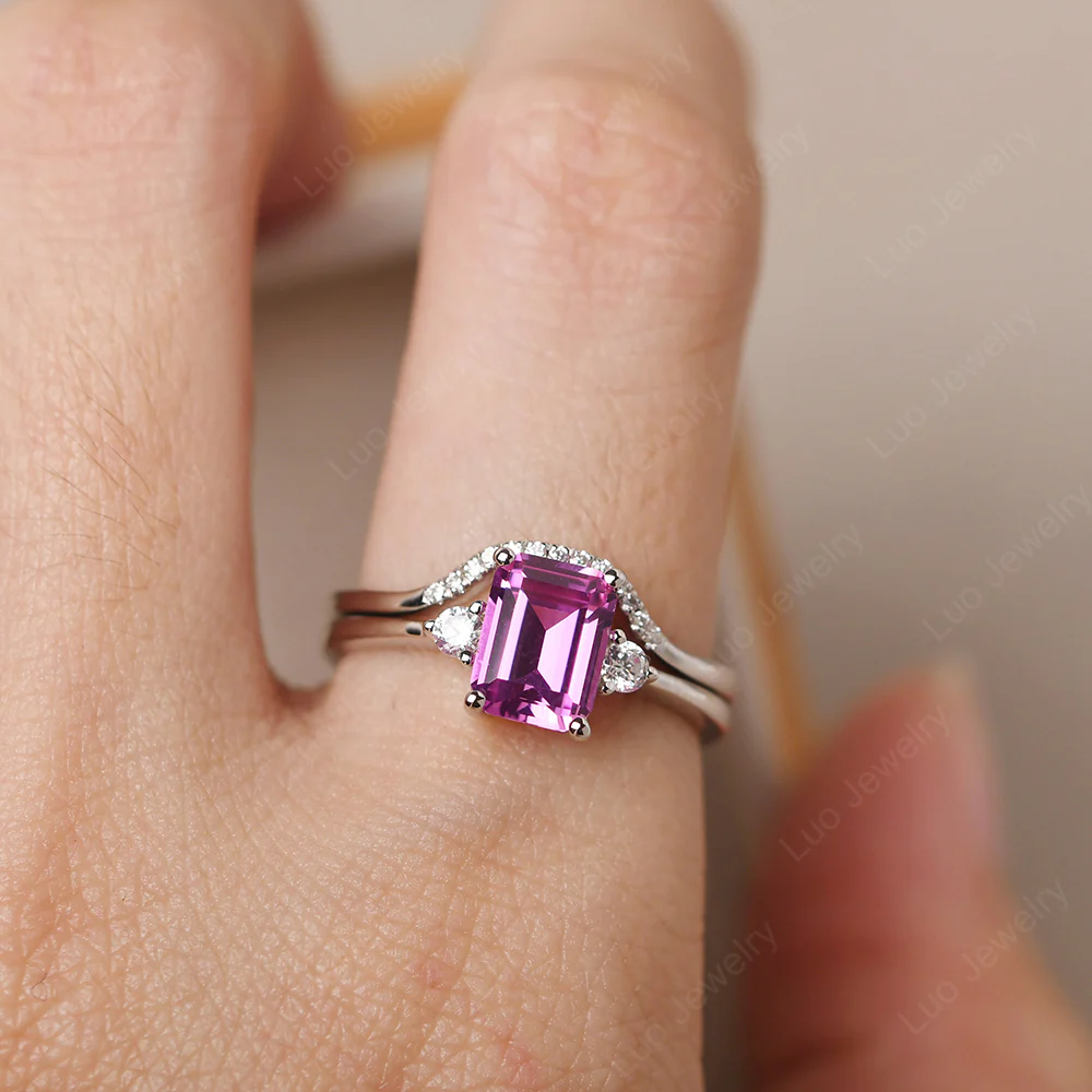 Pink Sapphire Emerald Cut Ring with Band - Image 7