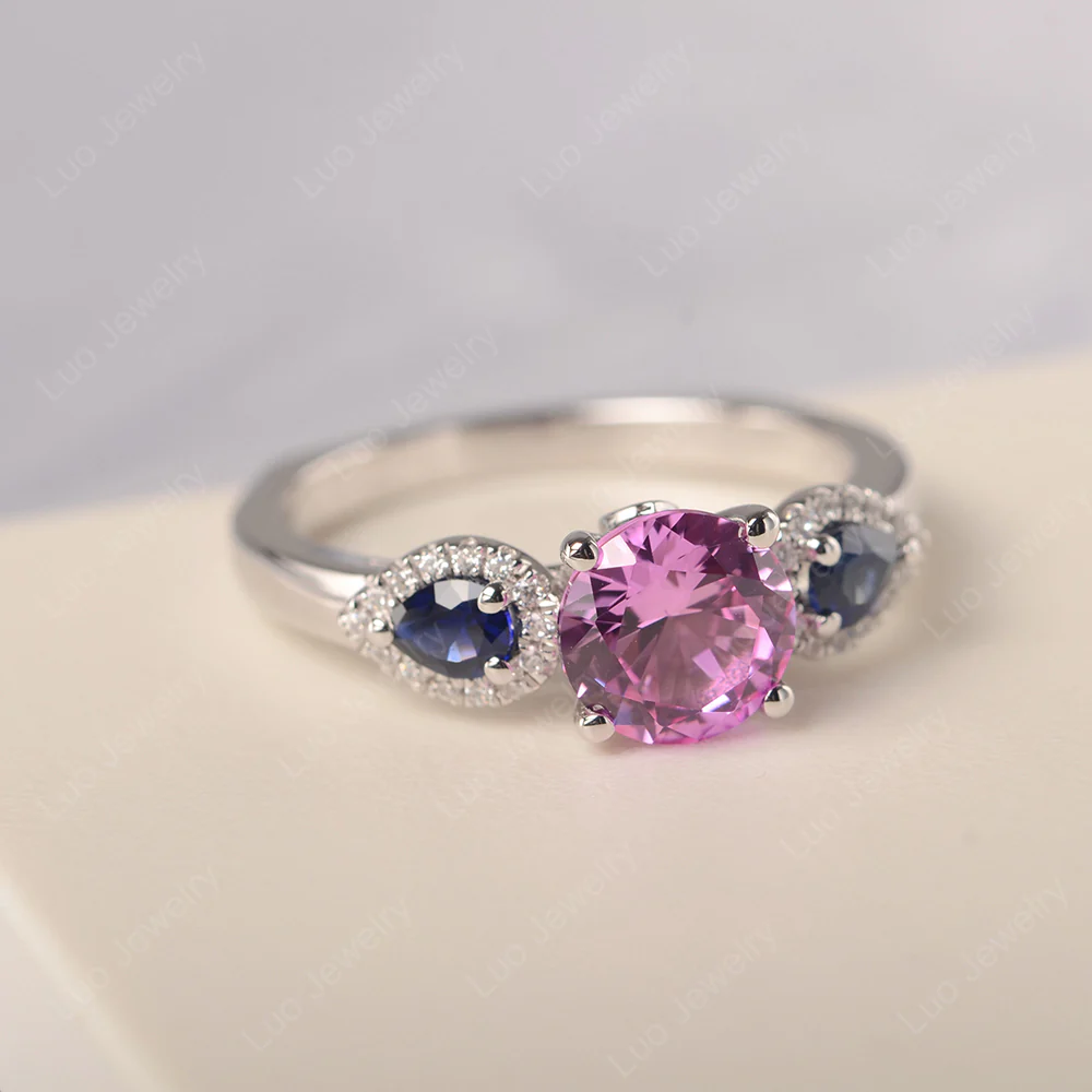 Three Stone Euro Shank Pink Sapphire Ring - Image 2